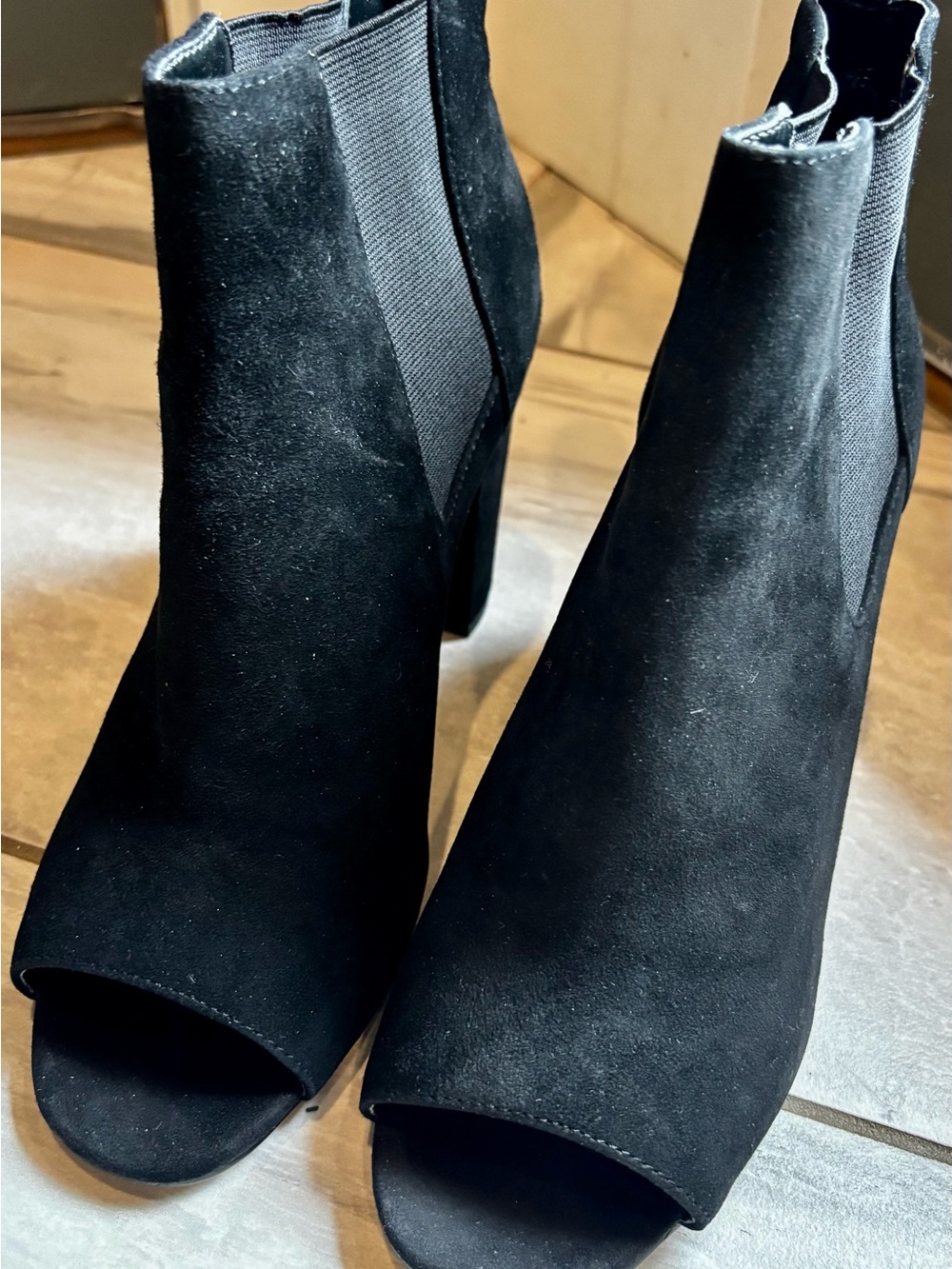 White House Black Market Black Suede Peep-Toe Block Heel Booties